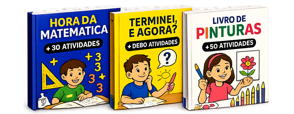 Os três livros digitais: Hora da Matemática, Terminei e agora?, e Livro de Pinturas